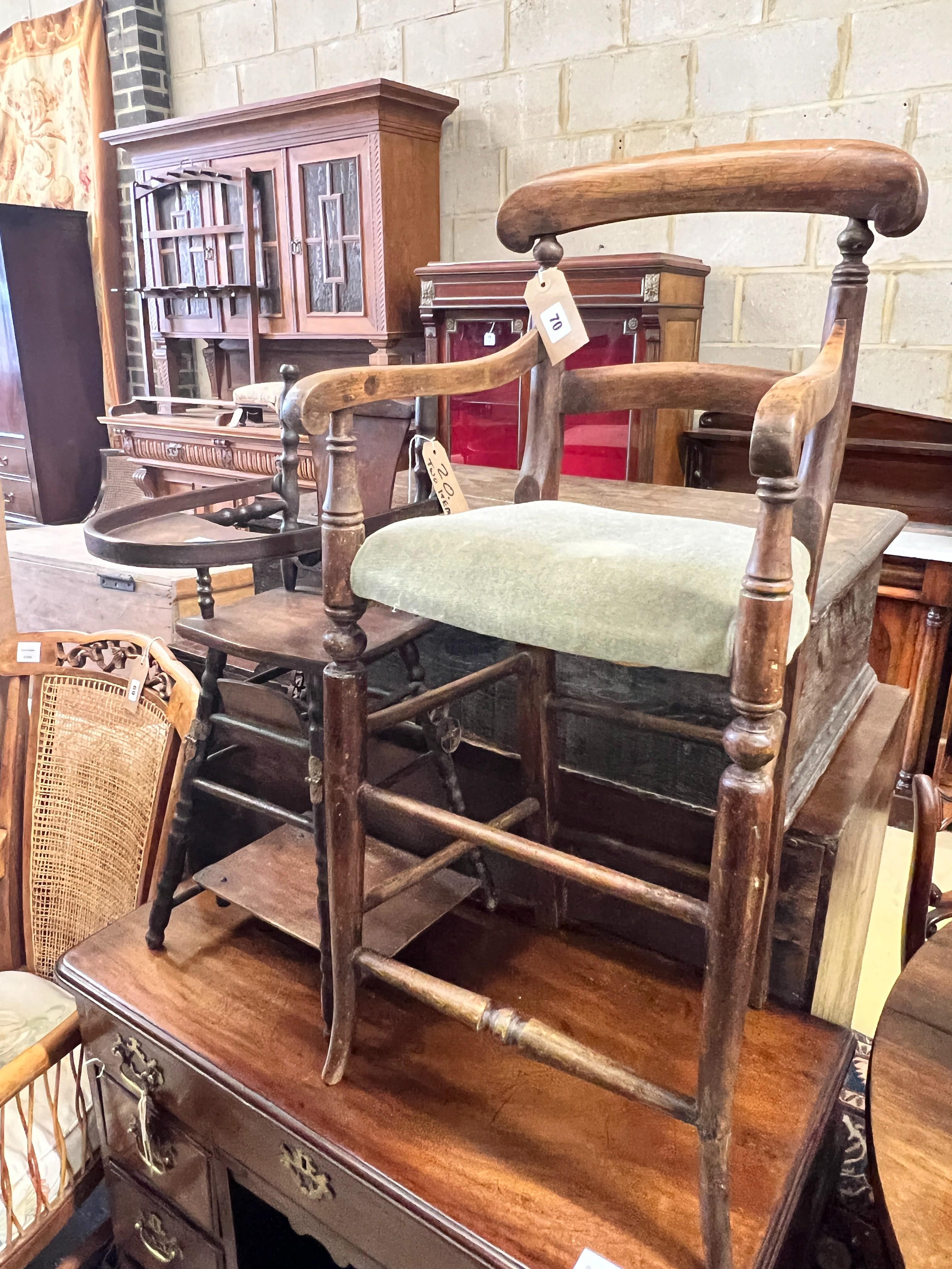 A Victorian beech child's high chair and a later metamorphic child's chair